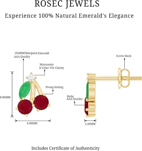 Miniatura 6 de Aretes de cereza esmeralda y rubí natural para mujer, calidad AAA certificada, aretes de tuerca de cereza roja