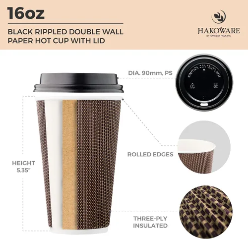 Miniatura 2 de Paquete de 85 tazas de café desechables de 16 onzas, vasos de papel de doble pared con tapas, diseño geométrico marrón, tazas de papel calientes