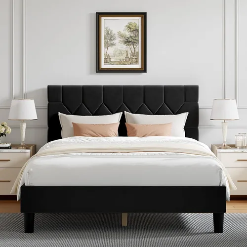 Novilla - Base de cama Queen con cabecero, base de cama tamaño Queen con soporte de listones de madera, cabecero tapizado de terciopelo con puntos