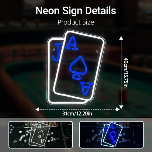 Miniatura 4 de Letreros de Neón de Cartas de Juego para Decoración de Pared Póquer Adolescentes Luz LED Neón Azul Blanco Letrero de Luz USB para Dormitorio Casino