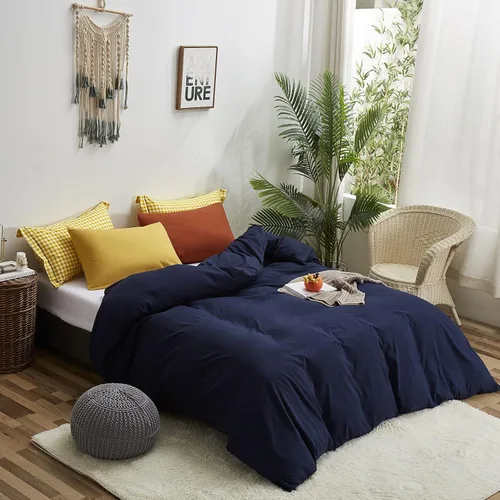 Miniatura 3 de Luxlovery Juego de edredón azul marino, tamaño King, de algodón, suave, transpirable, acogedor, con 1 funda de almohada color amarillo y 1 funda