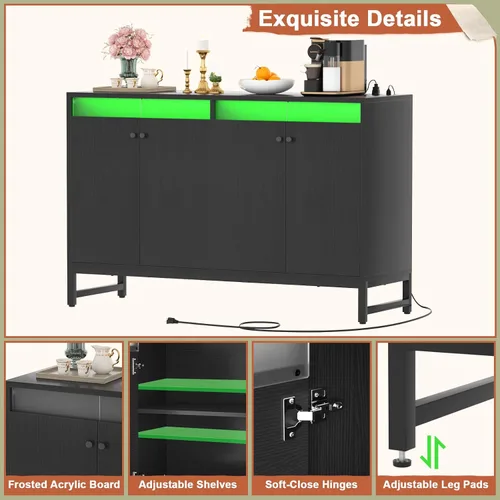 Miniatura 7 de Aheaplus Aparador de buffet con toma de corriente, armario de almacenamiento de cocina con luz LED y puertas, armarios de acento con almacenamiento