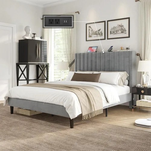 Miniatura 10 de VanAcc Base de cama tamaño Queen, plataforma tapizada de terciopelo con cabecera capitoné de canal, base de colchón con listones de madera,