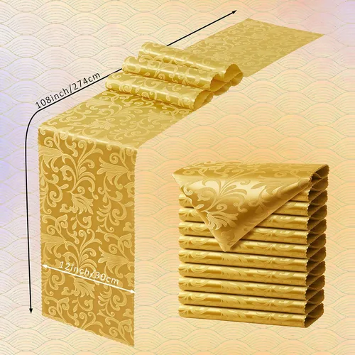 Miniatura 3 de Manyshofu 5 caminos de mesa de satén dorado – 12 x 108 pulgadas, decoración de damasco, impresión jacquard brillante y suave de boda para banquetes