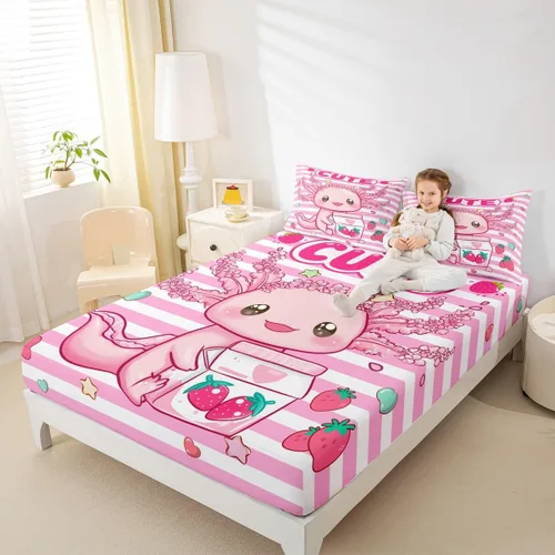 Miniatura 3 de Lindo Axolotl - Sábana bajera ajustable para niños, tamaño individual, juego de ropa de cama de animales marinos de dibujos animados, decoración