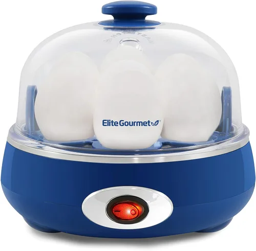 Elite Gourmet EGC322CBL Olla de Huevos Eléctrica Fácil de 7 Huevos, Cocedor de Huevos Blandos, Medianos y Duros con Apagado Automático, Taza de Azul