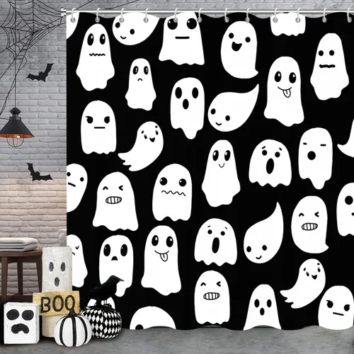 Miniatura 14 de Cortina de ducha de Halloween, con temática de Halloween, diseño de murciélago blanco y negro, decoración de fiesta de Halloween, tela impermeable