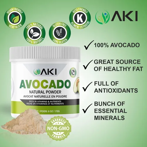 Miniatura 3 de AKI Superalimento en polvo de aguacate (6 onzas), rico en nutrientes, vitaminas, omega 3 y antioxidantes, ideal para batidos, yogur o paletas