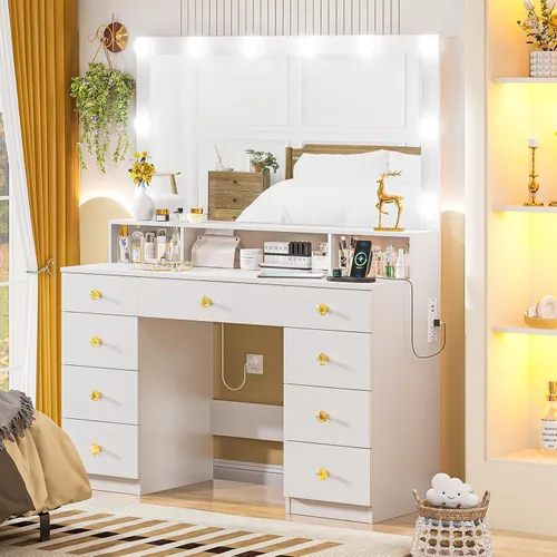 Miniatura 8 de DINGIPP Escritorio de tocador con espejo iluminado, mesa de tocador de maquillaje con toma de corriente, 9 cajones y manijas de cristal, escritorio