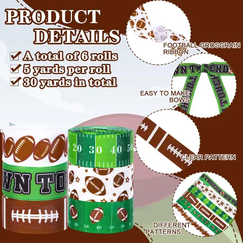 Miniatura 3 de Whaline 6 rollos de cinta de grogrén de fútbol de 30 yardas, cinta decorativa de tela para campo de pelota de rugby, cinta de envoltura de deportes