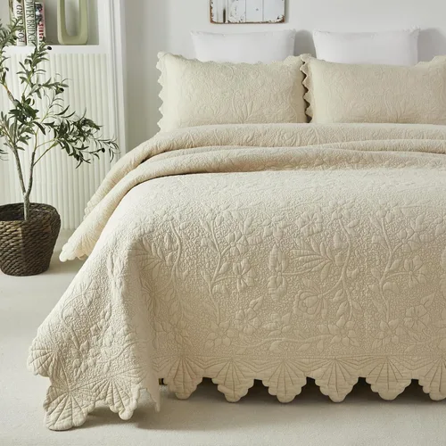Miniatura 8 de Brandream Queen Size Quilt Set Cotton Beige Quilts Luxury Farmhouse Bedding Set Matelasse Coverlet Scalloped Quilt Set 3-Piece