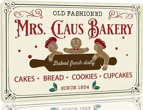 Letrero de lata de metal vintage con texto en inglés «Mrs Claus Bakery Baked Fresh Daily Cakes», decoración de pared de Navidad para cocina, granja,