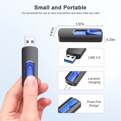 Miniatura 3 de JUANWE Paquete de 2 unidades flash USB de 128 GB, unidad flash USB 3.0 retráctil deslizante, memoria USB portátil con orificio para cordón, unidad 2