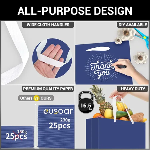 Miniatura 3 de EUSOAR Bolsas de Regalo Grandes Azul Marino, Paquete de 25 - Bolsas de Papel de Compras de 12.5"x4.5"x11" con Asas para Negocios, Manualidades