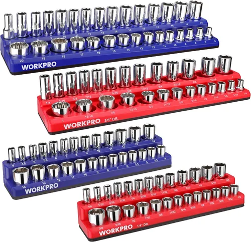 WORKPRO Juego de organizadores magnéticos para llaves de vaso, juego de 4 piezas que incluye soportes para llaves de 1/4", 3/8" de accionamiento