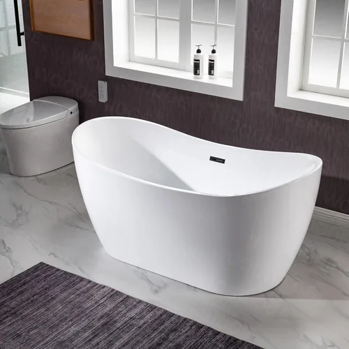 Miniatura 5 de WOODBRIDGE Bañera de acrílico independiente de 59 pulgadas, bañera blanca de remojo contemporáneo con desbordamiento y drenaje negro mate, B0016 B/M