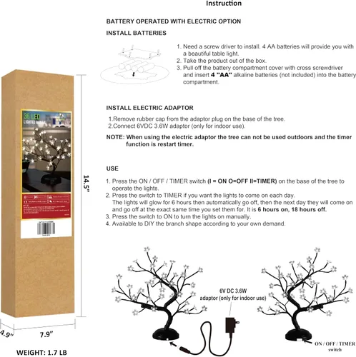 Miniatura 7 de Lámpara Lightshare con forma de bonsái de cerezo en flor con 36 luces LED, de 16 pulgadas, para decoración del hogar, a batería