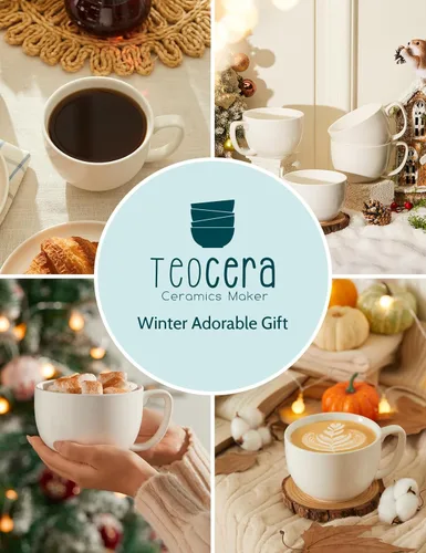 Miniatura 6 de Teocera Juego de 4 tazas de café grandes de 16 onzas, tazas de porcelana blanca gruesa para capuchino, café con leche, té y chocolate caliente