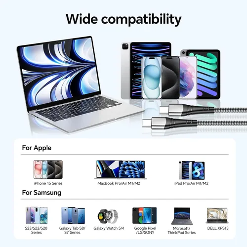 Miniatura 7 de Cable de carga USB C de 10 pies de carga rápida de 60 W, paquete de 2 cables de carga tipo C USB C a USB C, cable compatible con iPhone