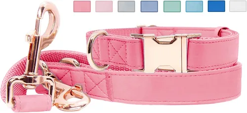 Miniatura 9 de Juego de collar y correa de cuero suave para perro (6.6 pies), elegante hebilla de metal resistente de oro rosa, correa de 4 longitudes ajustables
