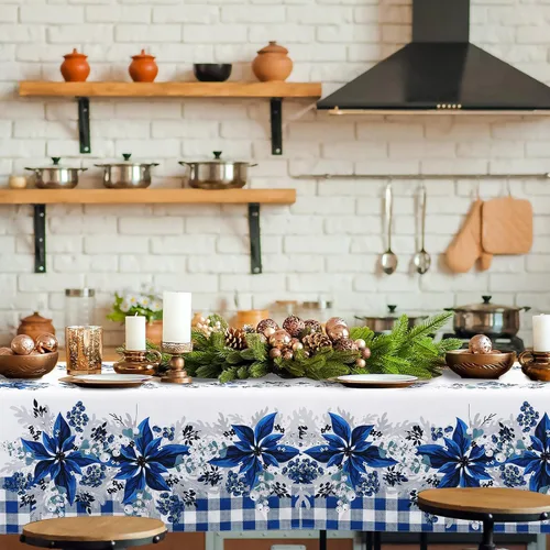 Miniatura 4 de Peryiter Mantel de Navidad Azul y Blanco de 60 x 84 Pulgadas Mantel de Navidad de Poinsettia Azul Decoraciones de Invierno Reutilizable Mantel