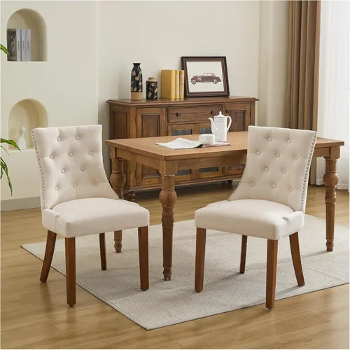 Miniatura 12 de Juego de 4 sillas de comedor tapizadas copetudas, sillas laterales de tela para comedor con cabeza de clavo en la parte trasera y patas de madera