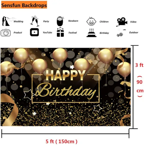 Miniatura 4 de Sensfun Cartel de fondo de fiesta de feliz cumpleaños, globos negros y dorados con purpurina Bokeh para hombres y mujeres, fondo de fotografía