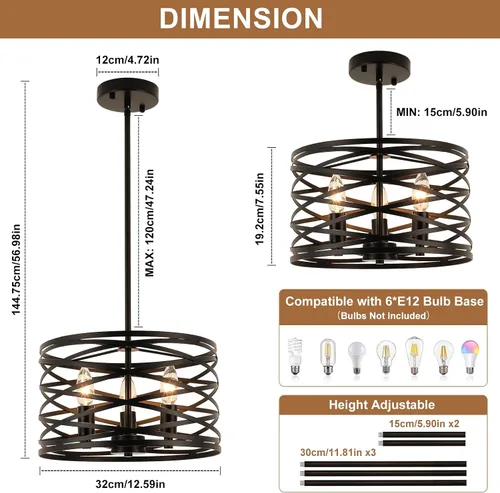 Miniatura 7 de Candelabros de granja para comedor, iluminación colgante de 3 luces para isla de cocina, tambor negro, lámpara rústica para colgar en el techo