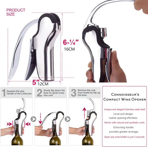 Miniatura 7 de KAYCROWN Abrebotellas de vino de acero inoxidable, sacacorchos de palanca vertical con diseño de cortador de lámina incorporado, sacacorchos de mano