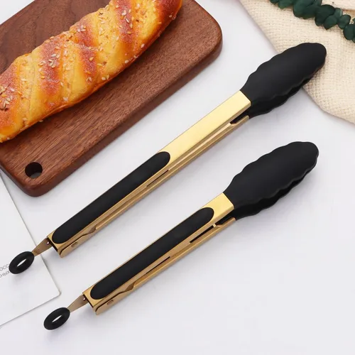 Miniatura 4 de Pinzas doradas clásicas de acero inoxidable para servir comida y fiesta, pinzas de cocina de 9 y 12 pulgadas con puntas de silicona sin BPA
