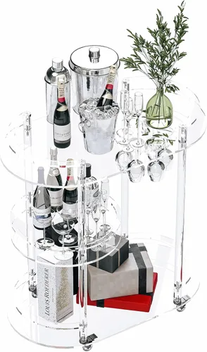 Miniatura 7 de Dethan Carrito de barra de acrílico – Carrito de servicio transparente de 3 niveles con ruedas bloqueables, moderno carrito de bar transparente