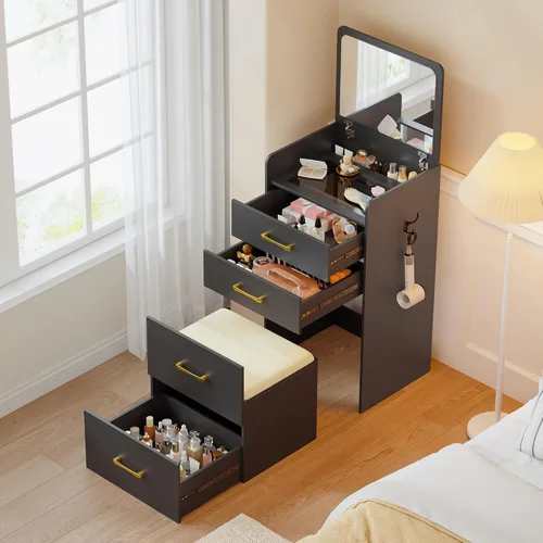 Miniatura 11 de Lvifur Escritorio de tocador 3 en 1 con espejo y luces, mesa de tocador de maquillaje con taburete acolchado, mesa de tocador compacta y escritorio