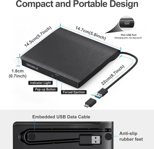 Miniatura 6 de ORIGBELIE Unidad externa de CD/DVD para portátil, grabadora de CD USB 3.0 +/-RW CD ROM, unidad de DVD externa Reproductor de DVD portátil