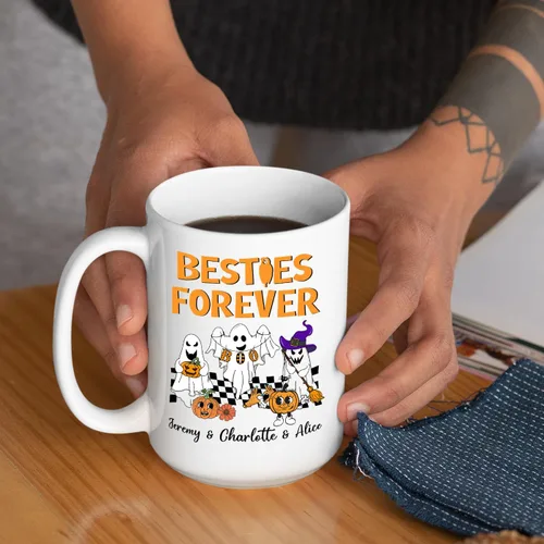 Miniatura 6 de Taza de café blanca personalizada de Halloween Besties, Besties Forever y 3 tazas de café Boo de 11 onzas y 15 onzas, bonita taza de cerámica Boo