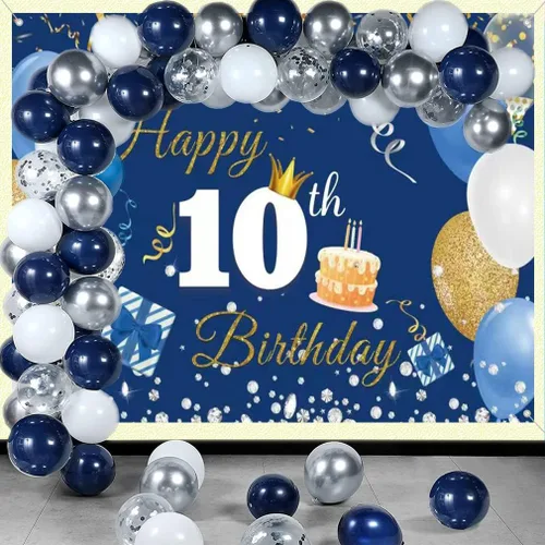 Miniatura 4 de Cartel de tela para decoración de cumpleaños número 10 para niños y niñas, cartel de tela de feliz 10 años, fondo de fotografía azul, suministros