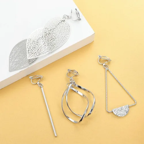 Miniatura 7 de Florideco - Juego de 4 pares de pendientes de clip para mujer, diseño de hoja larga, diseño de hoja hueca