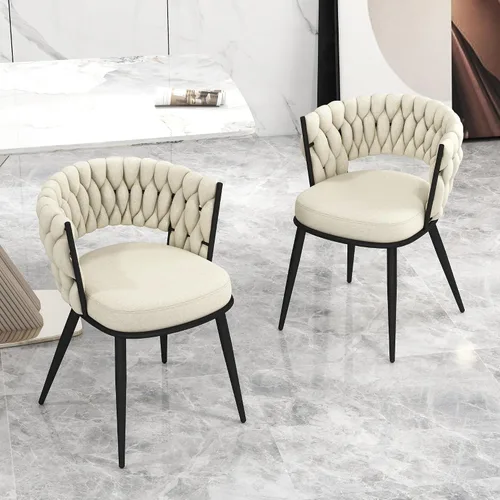 Miniatura 2 de Juego de 2 sillas de comedor tejidas, modernas sillas de comedor tejidas a mano con patas de metal negro, sillas tapizadas con marco negro