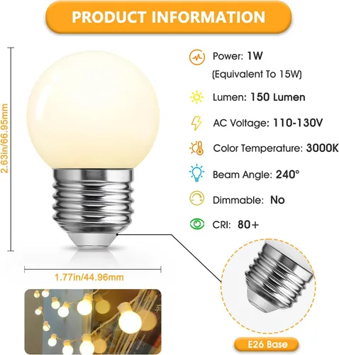 Miniatura 5 de Bombillas LED de bajo vatio, equivalente a 1 W, 15 W, blanco suave, 3000 K, esmerilado, pequeñas bombillas G40 para espejo de tocador, baño, porche
