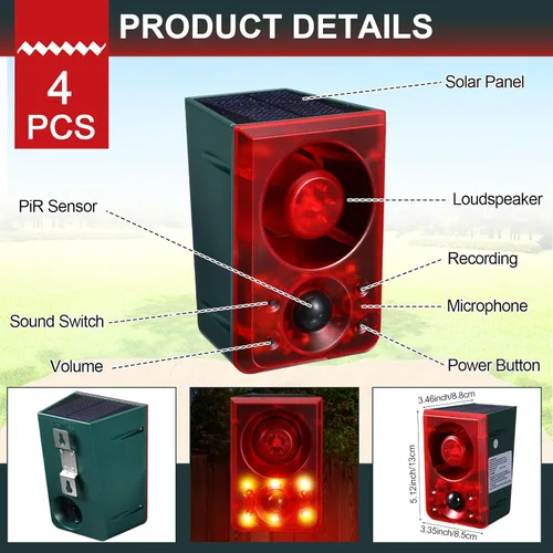 Miniatura 2 de Qualirey Sensor de movimiento solar para exteriores, alarma disuasoria de animales, sonido de disparo, alarma de ladridos de perro, generador