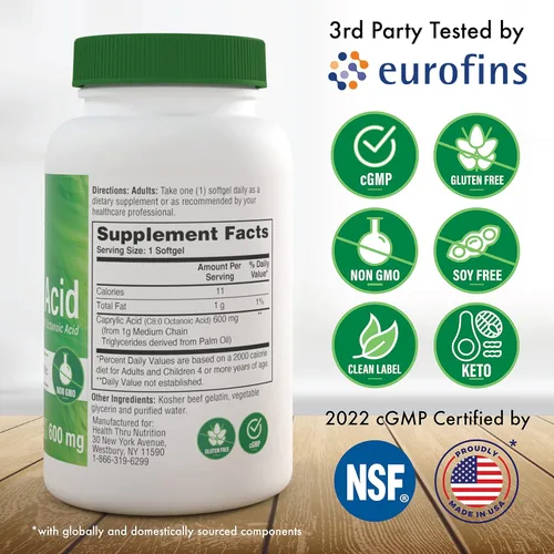 Miniatura 2 de Health Thru Nutrition Ácido caprílico 600 mg 200 cápsulas blandas Ácido octanoico C8 de aceite MCT puro de 0.04 oz Sin OMG y sin soja Apoya