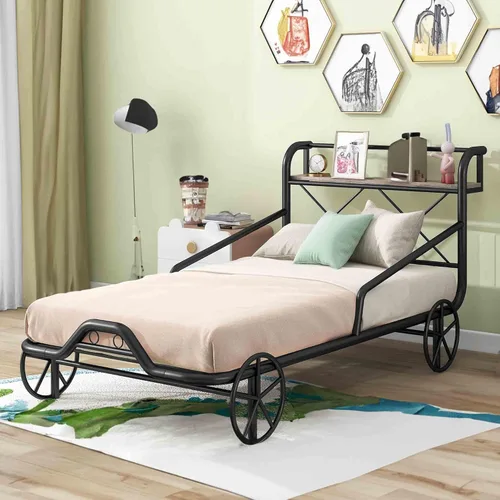 Cama individual para automóvil con 4 ruedas, barandillas, estante de almacenamiento para niños, adolescentes, niños y niñas, marco de cama de