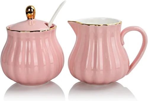Sweejar Royal - Juego de azúcar y crema de cerámica, juego de 3 piezas con jarra de crema, azucarero, juego de azúcar con tapa y cuchara, juego de