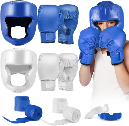 Miniatura 7 de Kanayu Juego de 12 piezas de equipo de boxeo para niños principiantes de 6 a 18 años, incluye casco de boxeo y guantes, vendas, protectores bucales