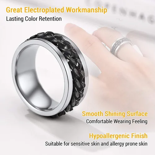 Miniatura 2 de PROSTEEL Anillo giratorio para hombre, anillos para ansiedad, cadena de eslabones cubanos giratoria de 0.315 in, anillo grueso, tamaño 6-14, grabado