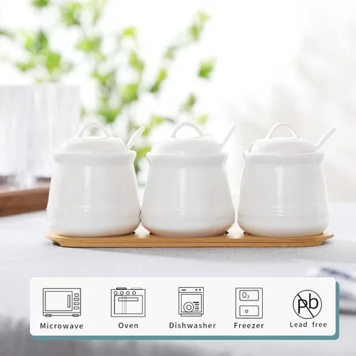 Miniatura 2 de Juego de 3 tarros de porcelana para condimentos con bandeja, 12 onzas, color blanco