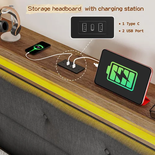 Miniatura 4 de EnHomee Base de cama de tamaño matrimonial con carga USB y tipo C y luces LED, cabecera de almacenamiento tapizada, cama de plataforma de madera