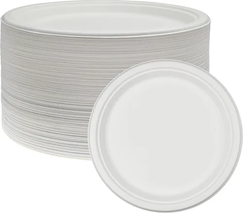 NYHI Paquete de 125 platos desechables de papel compostables de 10 pulgadas a granel para adultos y niños, platos de caña de azúcar blanca,