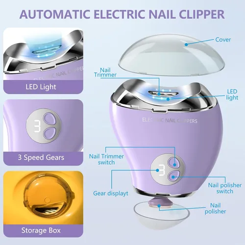 Miniatura 6 de Cortaúñas eléctrico para personas mayores con lima de uñas eléctrica, luz LED y 3 velocidades, cortaúñas eléctrico automático para adultos y niños