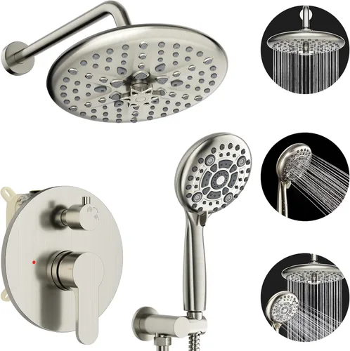 EMBATHER Juego de grifos de ducha – Sistema de ducha de cabezal de lluvia con combo completo de mano de alta presión y kit de ajuste de válvula