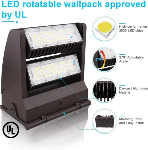 Miniatura 4 de OSTEK Paquete de luz LED de pared de 40 W, giratorio, ajustable, 5000 K, 5500 lm, paquete de pared de área al aire libre, lámpara LED para luz